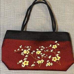 Elegant Floral Real Silk Embroidered Handbag - Red and Black